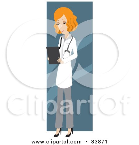 Royalty-Free (RF) Clipart Illustration of a Red Haired Caucasian Female Doctor Looking Down At Charts by Rosie Piter