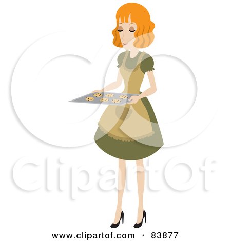Royalty-Free (RF) Clipart Illustration of a Domestic Strawberry Blond Woman Holding Chocolate Chip Cookies On A Baking Sheet by Rosie Piter