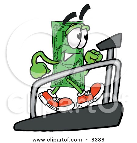 Clipart Picture of a Dollar Bill Mascot Cartoon Character Walking on a Treadmill in a Fitness Gym by Mascot Junction