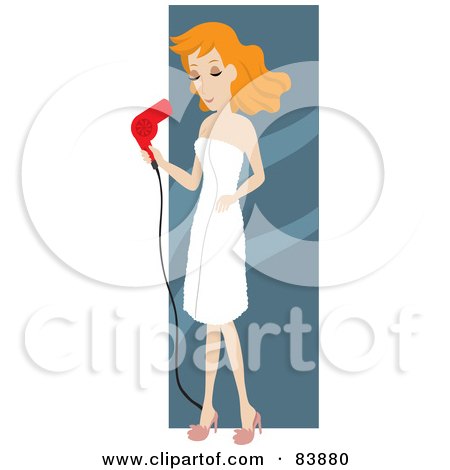 Royalty-Free (RF) Clipart Illustration of a Red Haired Caucasian Woman Draped In A Towel, Blow Drying Her Hair by Rosie Piter