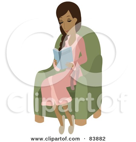 Royalty-Free (RF) Clipart Illustration of a Relaxed Hispanic Woman Wearing A Robe, Sitting In A Chair And Reading A Book by Rosie Piter