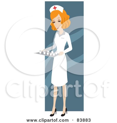 Royalty-Free (RF) Clipart Illustration of a Red Haired Caucasian Female Nurse Carrying A Tray Of Meds by Rosie Piter