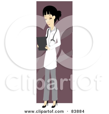 Royalty-Free (RF) Clipart Illustration of an Asian Female Doctor Looking Down At Charts by Rosie Piter