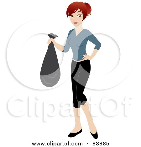 Royalty-Free (RF) Clipart Illustration of a Red Haired Caucasian Woman Carrying A Garbage Bag by Rosie Piter