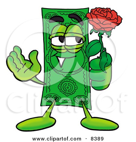 Clipart Picture of a Dollar Bill Mascot Cartoon Character Holding a Red Rose on Valentines Day by Mascot Junction