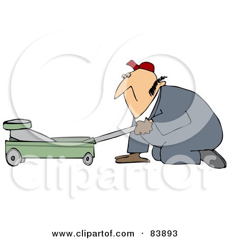 Royalty-Free (RF) Clipart Illustration of a Worker Man Kneeling And Using A Floor Jack by djart