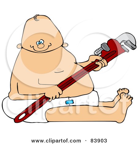 Royalty-Free (RF) Clipart Illustration of a Caucasian Baby Plumber Holding A Wrench And Sitting In A Diaper by djart