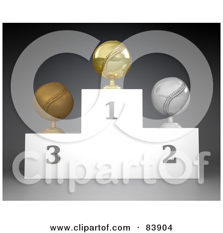 Royalty-Free (RF) Clipart Illustration of First, Second And Third Place Baseball Trophies On A Podium by Mopic