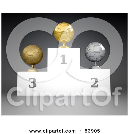 Royalty-Free (RF) Clipart Illustration of a 3d Podium Of First, Second And Third Place Soccer Ball Trophies by Mopic