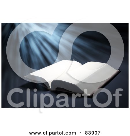 Royalty-Free (RF) Clipart Illustration of a 3d Open Book With Blank White Pages, Over A Blue Shining Background by Mopic