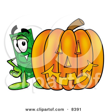Clipart Picture of a Dollar Bill Mascot Cartoon Character With a Carved Halloween Pumpkin by Mascot Junction