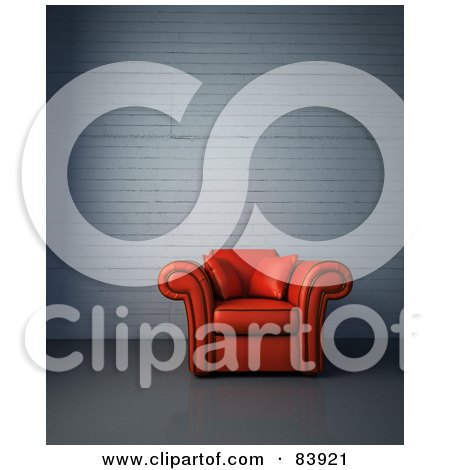 Royalty-Free (RF) Clipart Illustration of a Red 3d Arm Chair In A Lobby Against A Painted Brick Wall by Mopic