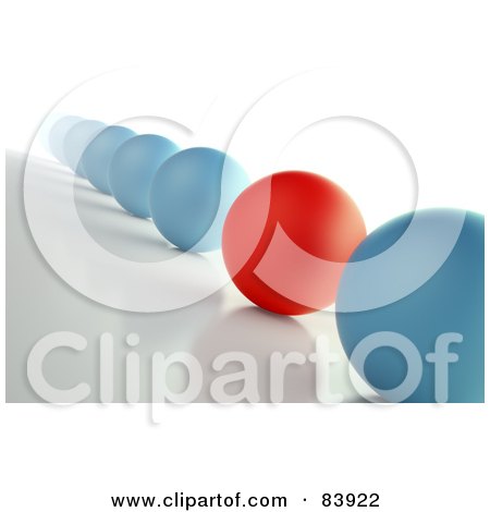 Royalty-Free (RF) Clipart Illustration of a Line Of Blue 3d Spheres And One Red One by Mopic
