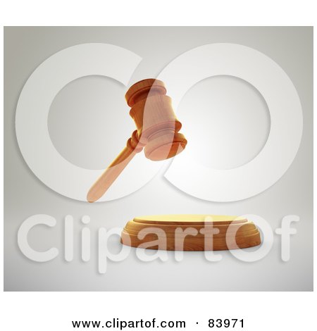 Royalty-Free (RF) Clipart Illustration of a 3d Wooden Gavel Suspended Over A Sound Block by Mopic
