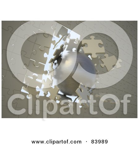 Royalty-Free (RF) Clipart Illustration of a 3d Gold Ball Breaking Through A Jigsaw Puzzle Wall by Mopic
