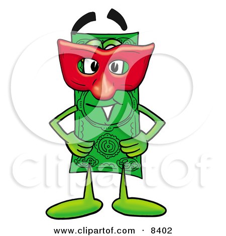 Clipart Picture of a Dollar Bill Mascot Cartoon Character Wearing a Red Mask Over His Face by Mascot Junction