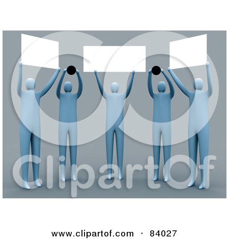Royalty-Free (RF) Clipart Illustration of a Curved Group Of 3d Blue People Holding Up Blank Signs And Dots by 3poD