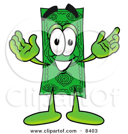 Clipart Picture of a Dollar Bill Mascot Cartoon Character With Welcoming Open Arms by Toons4Biz