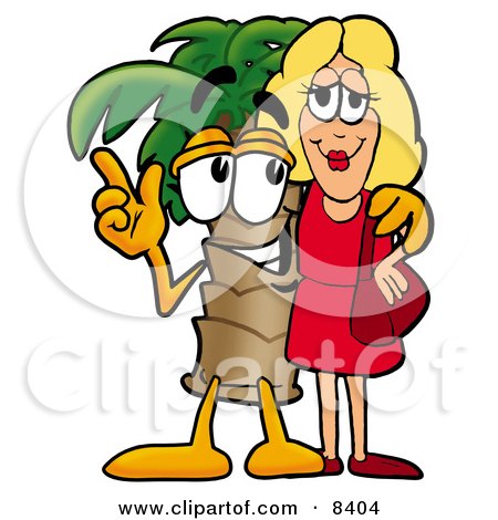 Clipart Picture of a Palm Tree Mascot Cartoon Character Talking to a Pretty Blond Woman by Mascot Junction