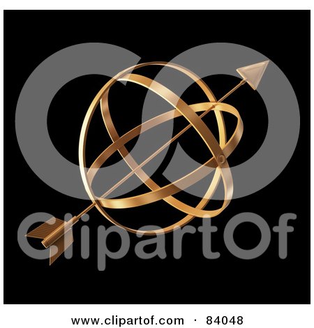 Royalty-Free (RF) Clipart Illustration of a 3d Gold Arrow Through A Globe Over Black by Mopic