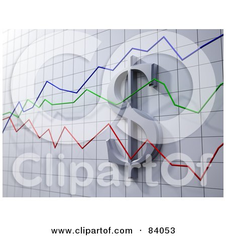 Royalty-Free (RF) Clipart Illustration of a 3d Dollar Symbol On A Graph With Green, Blue And Red Lines by Mopic