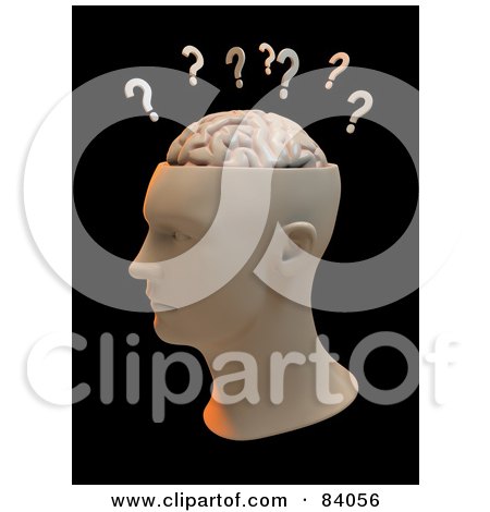 Royalty-Free (RF) Clipart Illustration of Question Marks Above A 3d Human Head With A Brain by Mopic