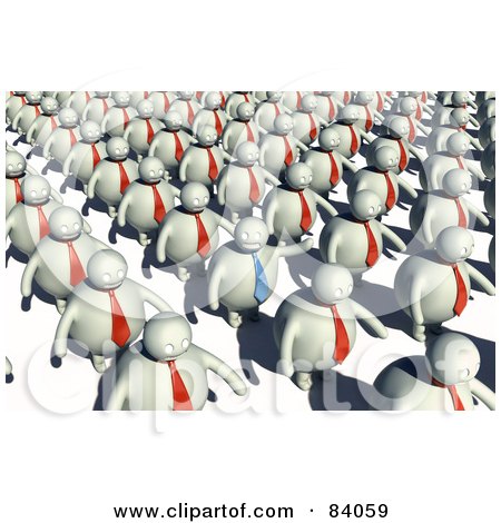 Royalty-Free (RF) Clipart Illustration of a Waving Man In A Blue Tie, Standing Out From Lines Of Clones by Mopic