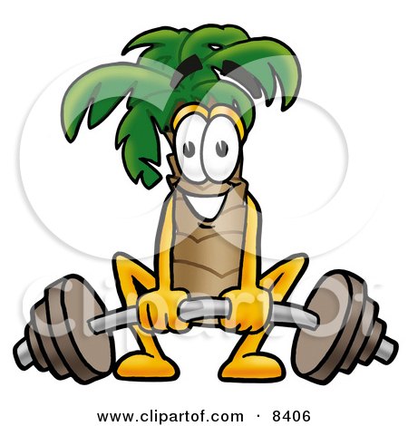 Clipart Picture of a Palm Tree Mascot Cartoon Character Lifting a Heavy Barbell by Mascot Junction