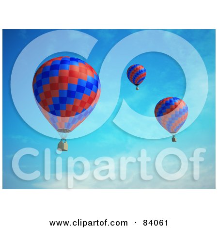 Royalty-Free (RF) Clipart Illustration of Three 3d Red And Blue Floating Hot Air Balloons In The Sky by Mopic