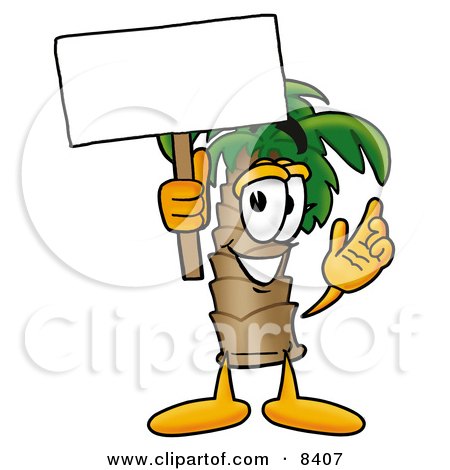 Clipart Picture of a Palm Tree Mascot Cartoon Character Holding a Blank Sign by Mascot Junction