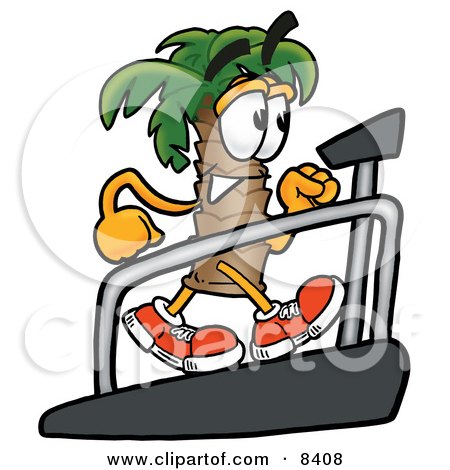 Clipart Picture of a Palm Tree Mascot Cartoon Character Walking on a Treadmill in a Fitness Gym by Mascot Junction