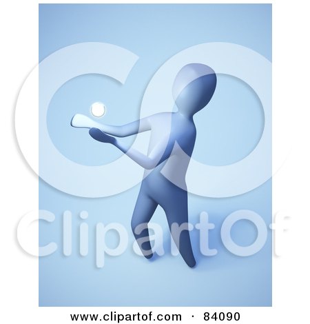 Royalty-Free (RF) Clipart Illustration of a 3d Human Figure Reaching Out For An Orb Of Light, Over Blue by Mopic