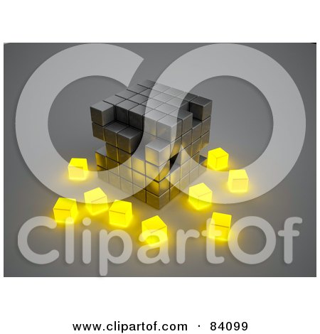 Metal 3d Cubic Structure With Glowing Yellow Cubes Surrounding Posters, Art Prints