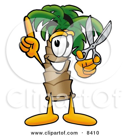 Clipart Picture of a Palm Tree Mascot Cartoon Character Holding a Pair of Scissors by Mascot Junction