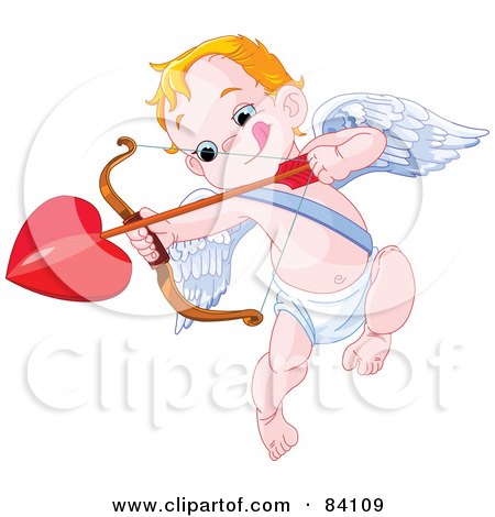 Royalty-Free (RF) Clipart Illustration of a Little Cupid Biting His Lip And Aiming A Heart Arrow by Pushkin