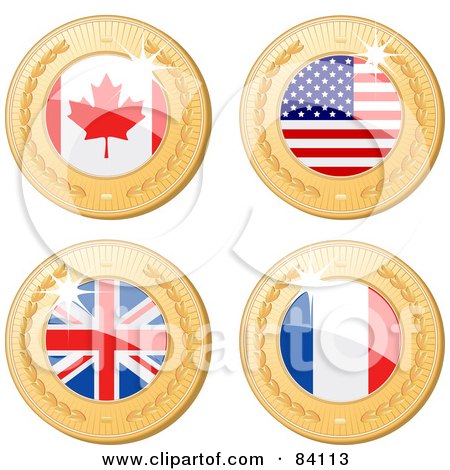 Royalty-Free (RF) Clipart Illustration of a Digital Collage Of Four 3d Golden Shiny Medals; Canadian, American, United Kingdom And France by elaineitalia