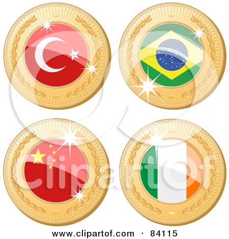 Royalty-Free (RF) Clipart Illustration of a Digital Collage Of Four 3d Golden Shiny Medals; Turkey, Brazil, China And Republic of Ireland by elaineitalia