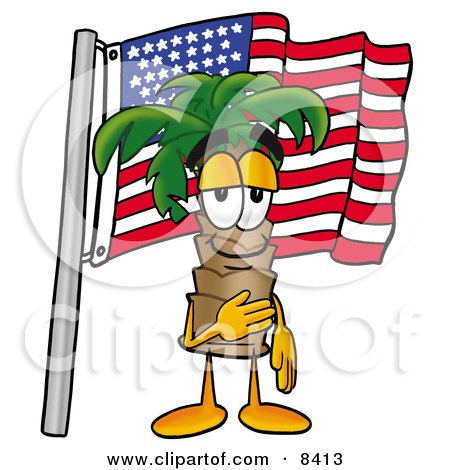 Clipart Picture of a Palm Tree Mascot Cartoon Character Pledging Allegiance to an American Flag by Mascot Junction