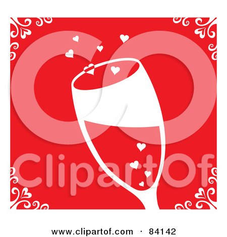 Royalty-Free (RF) Clipart Illustration of a Champagne Glass With Hearts Over Red, With A Border Of White by Rosie Piter