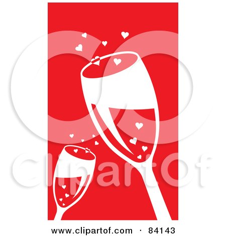Royalty-Free (RF) Clipart Illustration of Two Toasting Wine Glasses And Hearts On Red by Rosie Piter