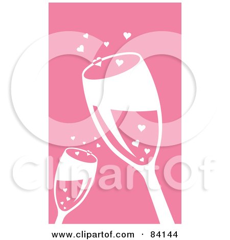 Royalty-Free (RF) Clipart Illustration of Two Toasting Wine Glasses And Hearts On Pink by Rosie Piter