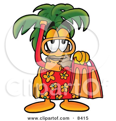 Clipart Picture of a Palm Tree Mascot Cartoon Character in Orange and Red Snorkel Gear by Mascot Junction