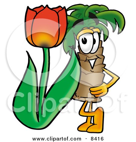 Clipart Picture of a Palm Tree Mascot Cartoon Character With a Red Tulip Flower in the Spring by Mascot Junction