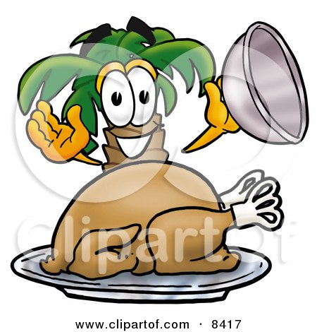 Clipart Picture of a Palm Tree Mascot Cartoon Character Serving a Thanksgiving Turkey on a Platter by Mascot Junction