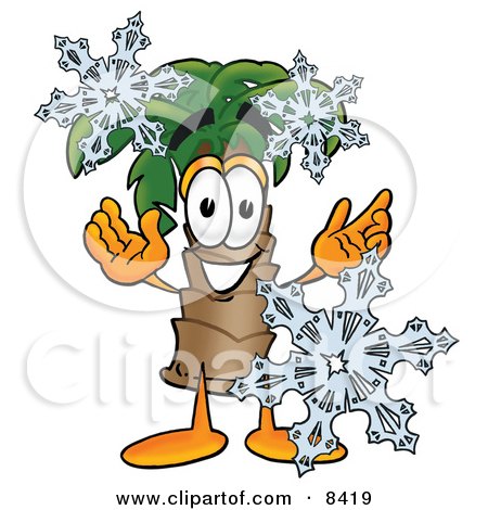 Clipart Picture of a Palm Tree Mascot Cartoon Character With Three Snowflakes in Winter by Mascot Junction