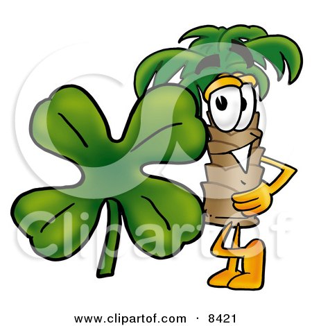 Clipart Picture of a Palm Tree Mascot Cartoon Character With a Green Four Leaf Clover on St Paddy's or St Patricks Day by Mascot Junction