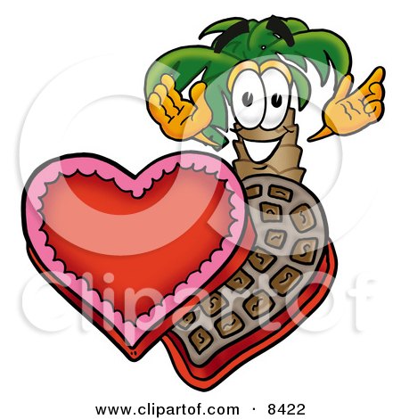 Clipart Picture of a Palm Tree Mascot Cartoon Character With an Open Box of Valentines Day Chocolate Candies by Mascot Junction