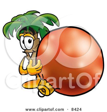 Clipart Picture of a Palm Tree Mascot Cartoon Character Standing With a Christmas Bauble by Mascot Junction