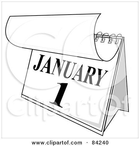 Royalty-Free (RF) Clipart Illustration of a Black And White Desk Calendar Peeling Back A Page For The New Year On January First by Pams Clipart