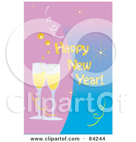 Royalty-Free (RF) Clipart Illustration of a Happy New Year Greeting With Toasting Champagne Glasses On Pink And Blue by Pams Clipart